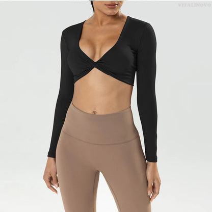 Long Sleeve Gym Crop Tops for Women Twist Deep V Workout Crop T Shirt Top Quick Dry Padded Sports Fitness Yoga Top The Clothing Company Sydney