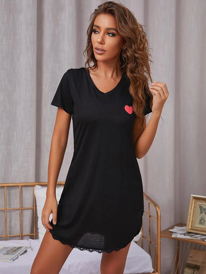 Summer Sleepwear Women Lace Hem Nightdress V-neck Short Sleeve Pajamas Nighties Nightgown Nightwear Side Split Skirt - The Clothing Company Sydney