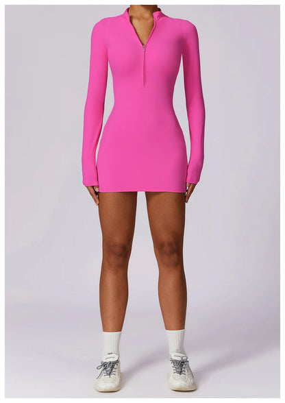 Zipper Long Sleeve JumpSuits Women Workout Tracksuit Short Skirt Sportswear Yoga Set Fitness Bodysuit Gym Clothes Yoga Suit - The Clothing Company Sydney