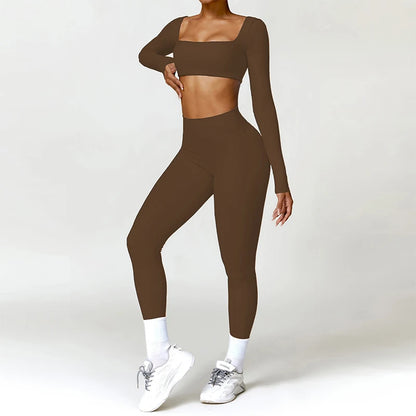 2 Piece Long Sleeve Gym Set Women Yoga Clothes Quick-Drying Sportswear Running Leggings Workout Sports Crop Top Shorts - The Clothing Company Sydney