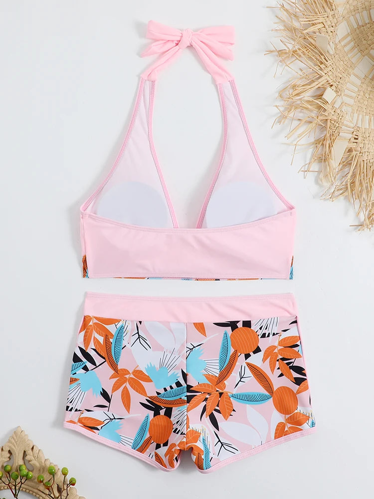 2 Piece Halter Bikini Set Shorts Swimsuit High Waist Swimwear Female Printed Bathers Swimming Bathing Swim Suit Beachwear - The Clothing Company Sydney