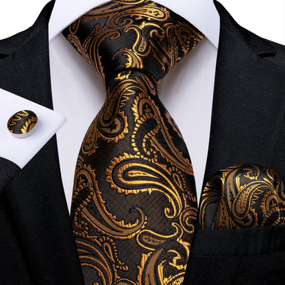 Luxury Black & Gold Paisley Silk Tie Set – Men's Necktie, Pocket Square & Cufflinks Gift The Clothing Company Sydney