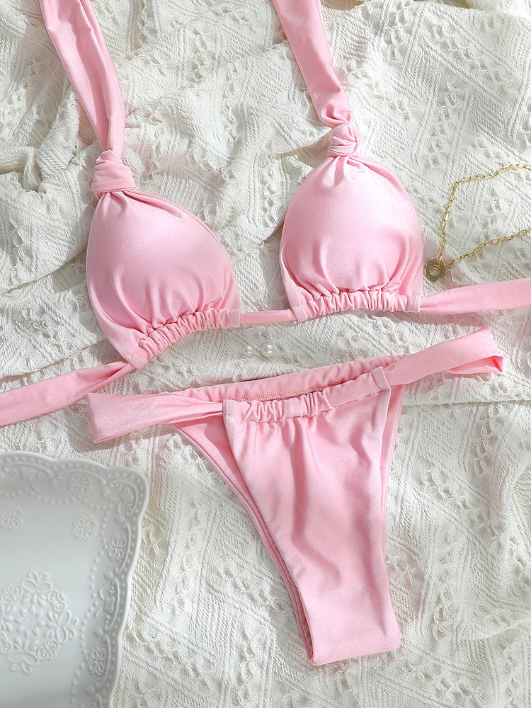 Tie down Bikini for Women Triangle Swimwear Bathing Suit 2 Piece Bikinis Set solid Push Up Swimsuit - The Clothing Company Sydney
