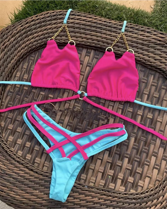 Metal Chain Decoration Swimwear Women Bikini Push Up Swimsuit Two Pieces Bathing Suit - The Clothing Company Sydney