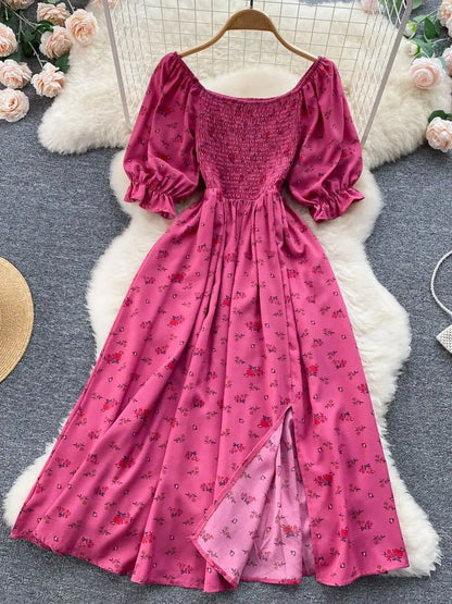 Women's Fashion Romantic Floral Print Split Long Summer Dress Puff Sleeve Party Dress - The Clothing Company Sydney