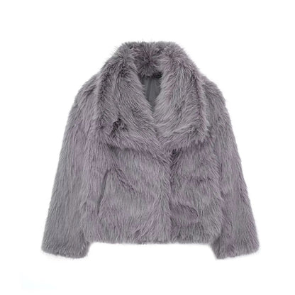 Women's Fashion Cropped Faux Fur Jacket Coat Long Sleeve Front Snap-button Outerwear Chic Lapel Collar Thick Coat The Clothing Company Sydney