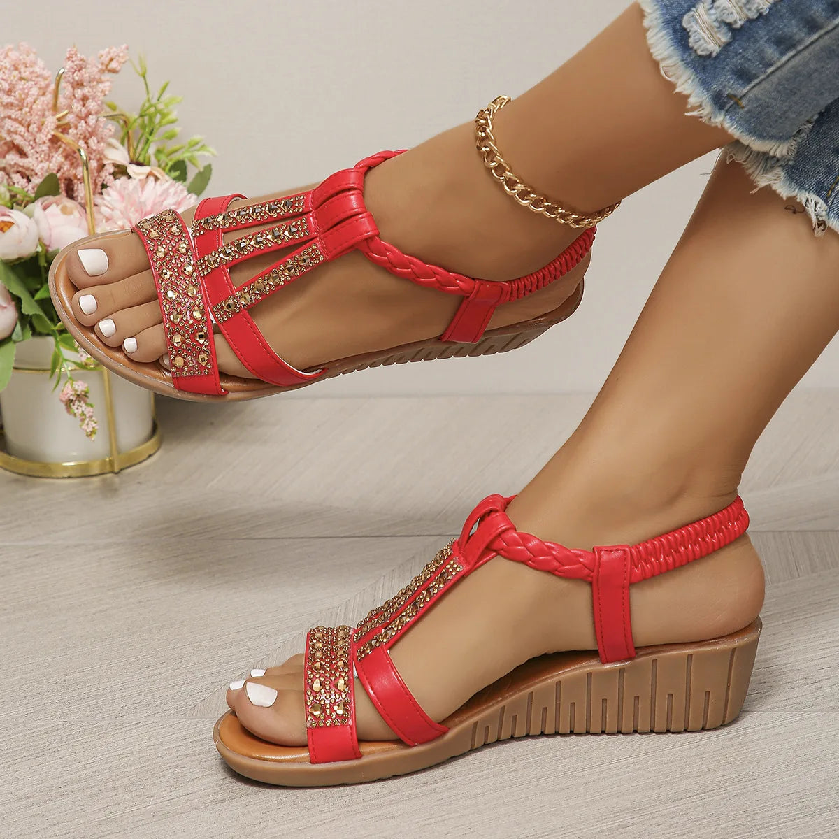 Women's Wedge Summer Shoes Rhinestones Elastic Platform Peep Toe Outdoor Sandals - The Clothing Company Sydney