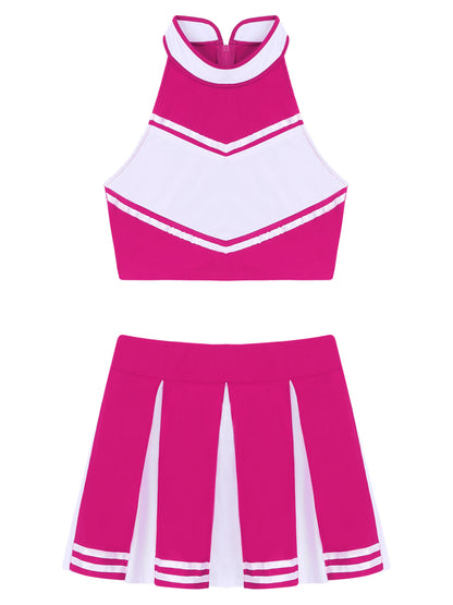 Women's Cheerleading Costume Uniform Carnival Cosplay Outfit Stand Collar Sleeveless Crop Top with Mini Pleated Skirt - The Clothing Company Sydney