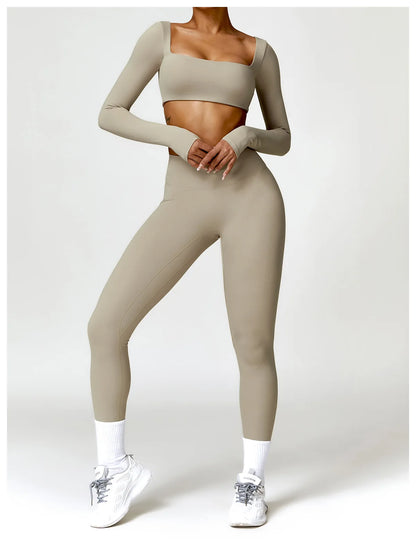 2 Piece Long Sleeve Gym Set Women Yoga Clothes Quick-Drying Sportswear Running Leggings Workout Sports Crop Top Shorts - The Clothing Company Sydney