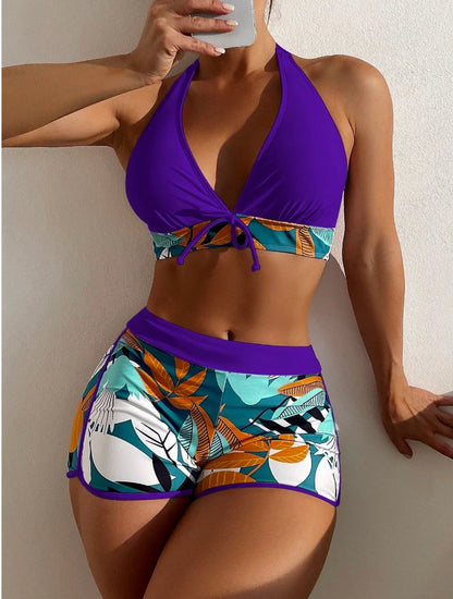 2 Piece Halter Bikini Set Shorts Swimsuit High Waist Swimwear Female Printed Bathers Swimming Bathing Swim Suit Beachwear - The Clothing Company Sydney