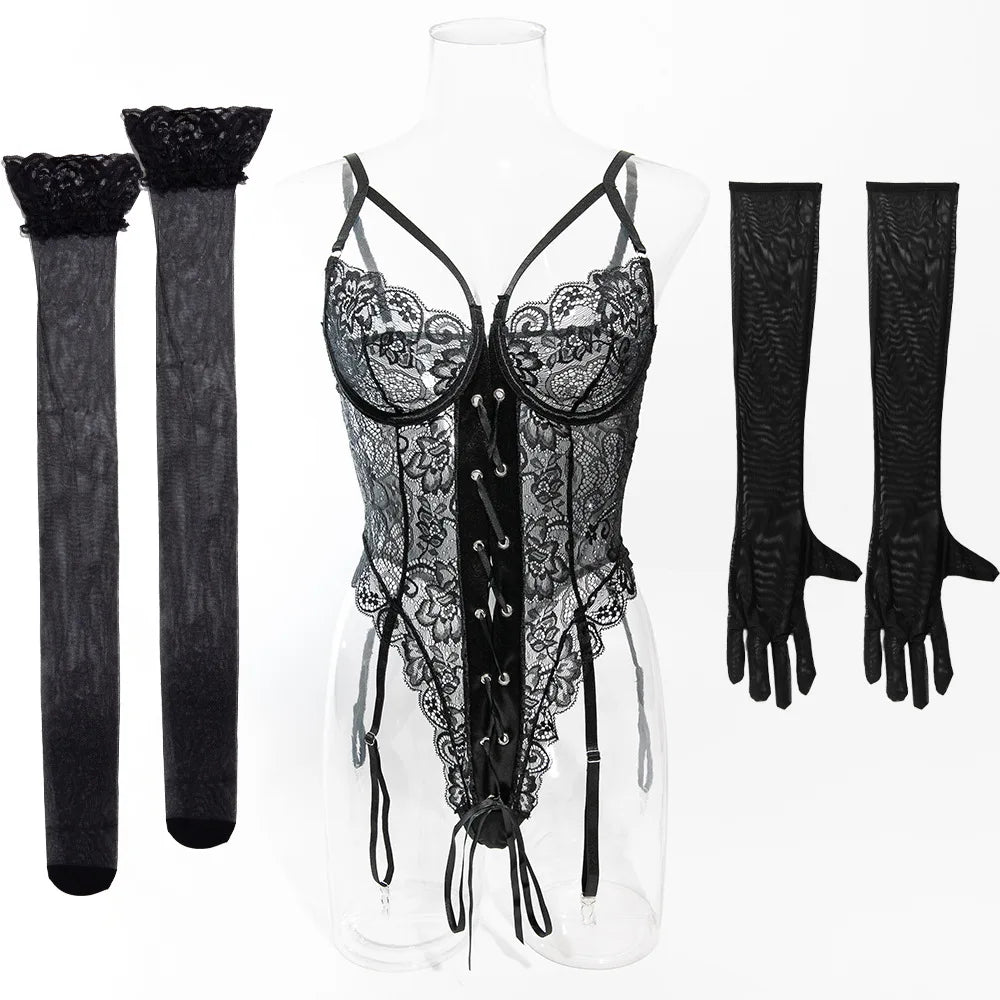 Lace Bodysuit Lace Up Costume Long Gloves Stocking See-Through Tights Lingerie Matching Outfit Set - The Clothing Company Sydney