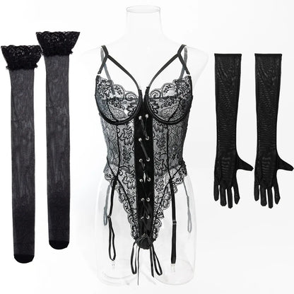 Lace Bodysuit Lace Up Costume Long Gloves Stocking See-Through Tights Lingerie Matching Outfit Set - The Clothing Company Sydney