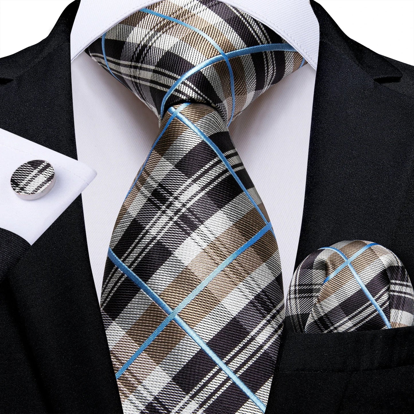 Plaid Print Men's Tie Set 8cm Width Neck Tie Handkerchief Cufflinks Business Wedding Tie Gift Set The Clothing Company Sydney