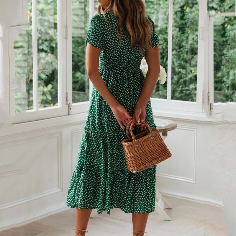 Vintage Print Puff Sleeve Summer Beach Casual Square collar floral maxi long dress - The Clothing Company Sydney