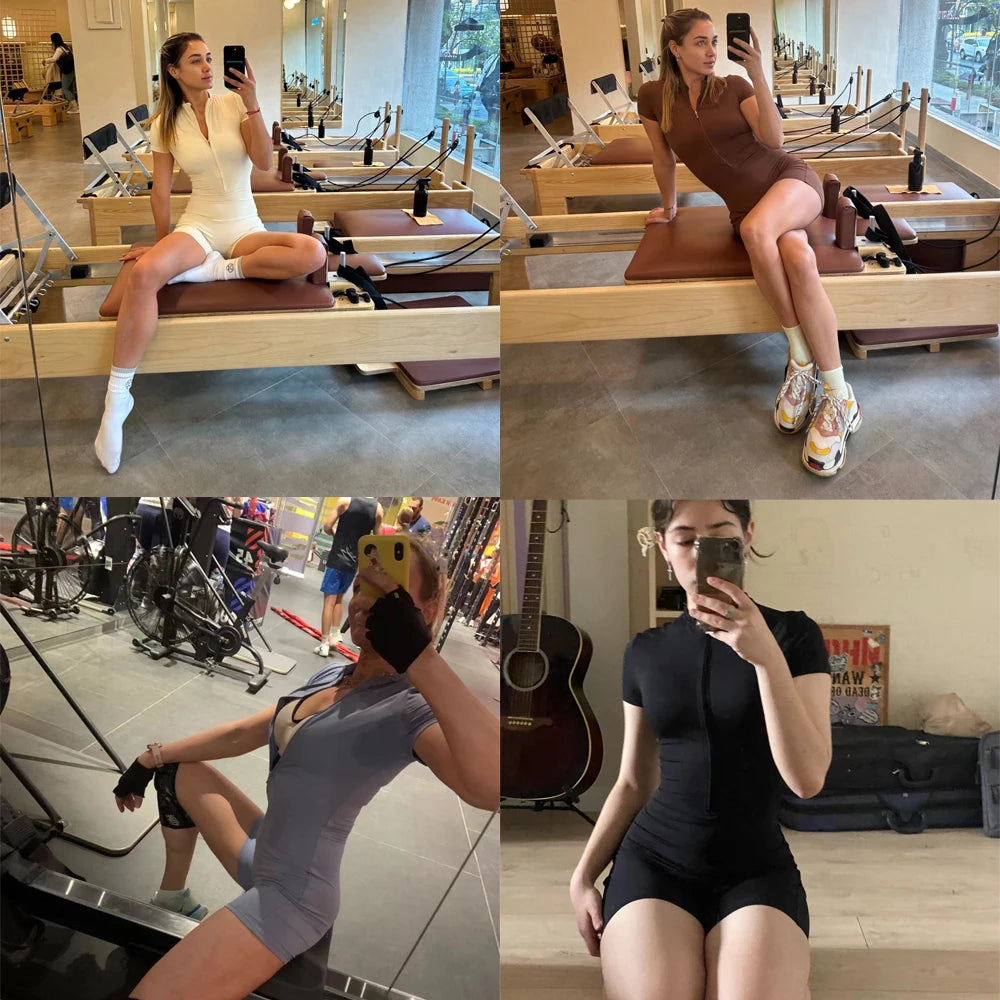 Summer Women's One-piece Yoga Pants Short Sleeve Shorts Overalls Zipper Front High Elastic Cycling Seamless Bodybuilding Bodysuit The Clothing Company Sydney