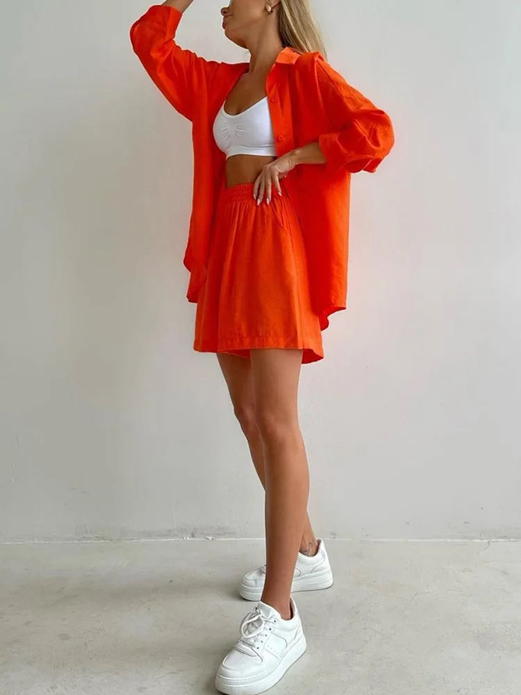 Summer Women's Suit Cotton Casual Shorts and Shirts 2 Piece  Matching Outfit Set Linen Fashion Blouse Women's Suit - The Clothing Company Sydney