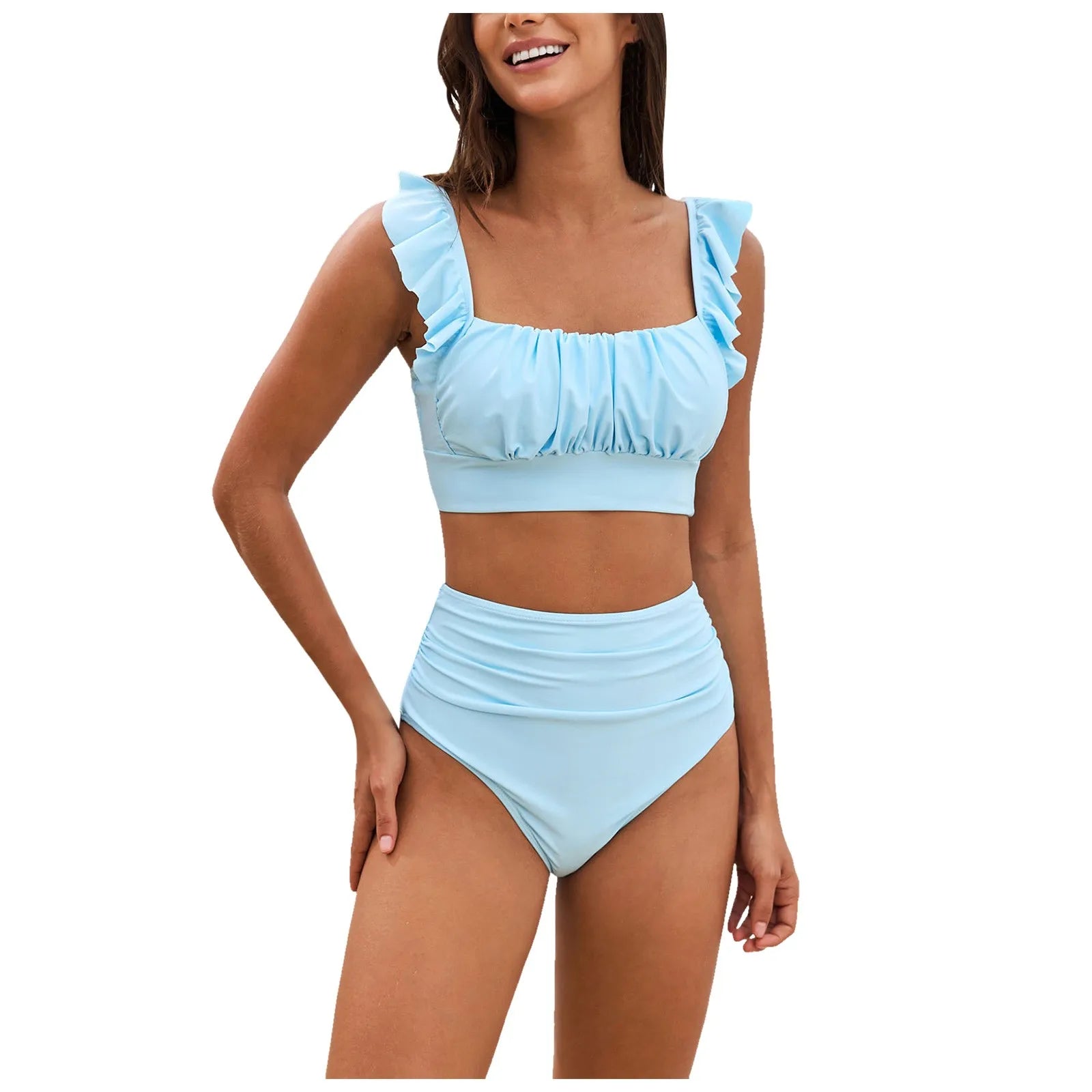 2 Piece Print Swimsuit Ruffle Swimwear Tops And High Waist Bikini Swim Shorts Beachwear The Clothing Company Sydney