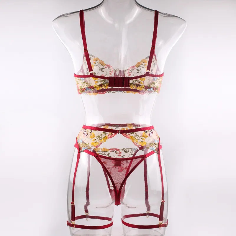 3 Piece Lingerie Sensual Lace Underwear Transparent Embroidery Garters Fancy Beautiful Bra Panties Intimate Set The Clothing Company Sydney