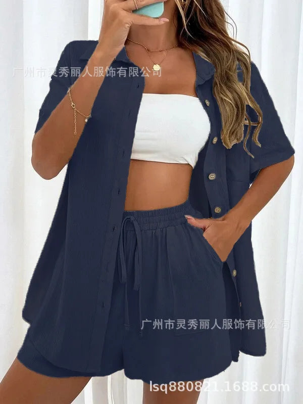 Casual Loose Single-breasted Top And Drawstring Shorts Set Fashion Ladies Suits Summer 2 Piece Set  Matching Outfits - The Clothing Company Sydney