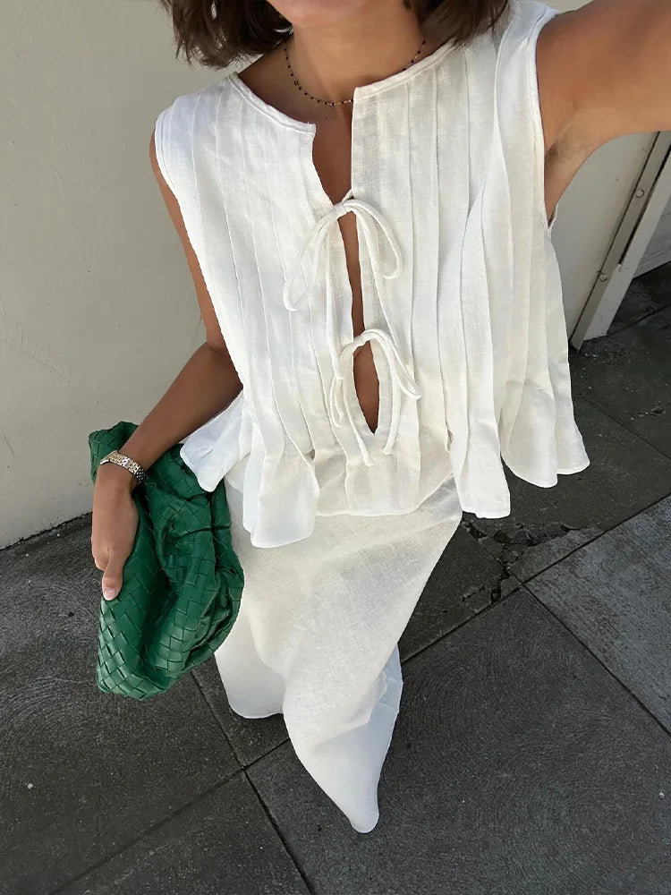 Elegant White Set 2 Piece Woman Chic Lace Up O Neck Ruffled Edge Short Matching Set Summer Street Outfit - The Clothing Company Sydney