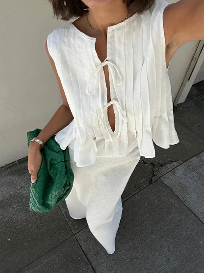 Elegant White Set 2 Piece Woman Chic Lace Up O Neck Ruffled Edge Short Matching Set Summer Street Outfit - The Clothing Company Sydney