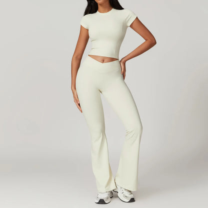 Women's Yoga Gym Activewear 2 Piece Set Sport Suit Workout Short Sleeve Crop Top High Waist Leggings Short Fitness Sports Wear - The Clothing Company Sydney