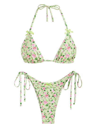 Women's Bow Decor Tiny Floral Halter Tie Side String Triangle Two Piece Swimwear Bikini Set The Clothing Company Sydney