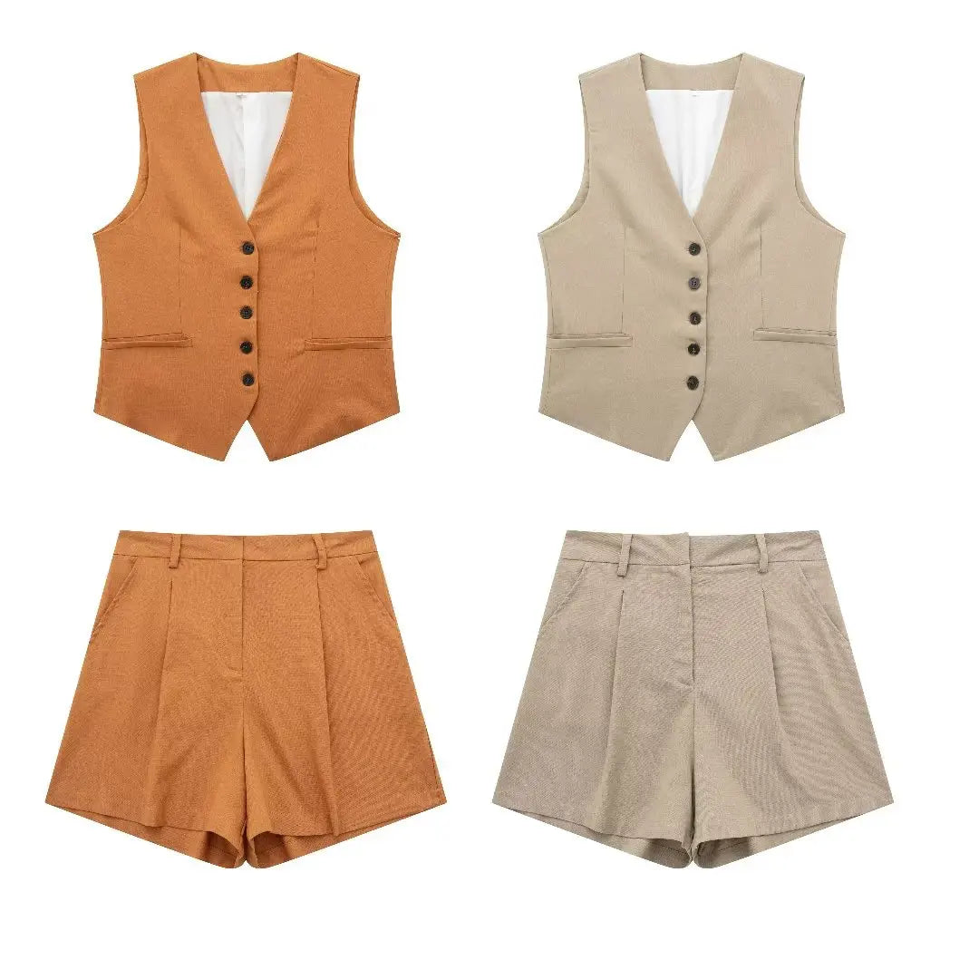 2 Piece Women's Suit Button V Neck Waistcoats Elegant Vest Top Zipper High Waist Slim Pants Shorts Summer Female Streetwear - The Clothing Company Sydney