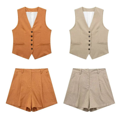 2 Piece Women's Suit Button V Neck Waistcoats Elegant Vest Top Zipper High Waist Slim Pants Shorts Summer Female Streetwear - The Clothing Company Sydney