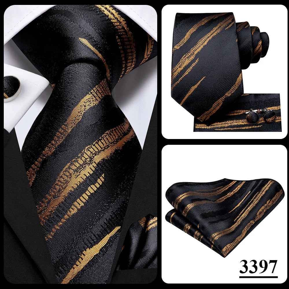 3 Piece Black Floral Silk Wedding Tie For Men Handky Cufflink Elegant Necktie Set For Men - The Clothing Company Sydney