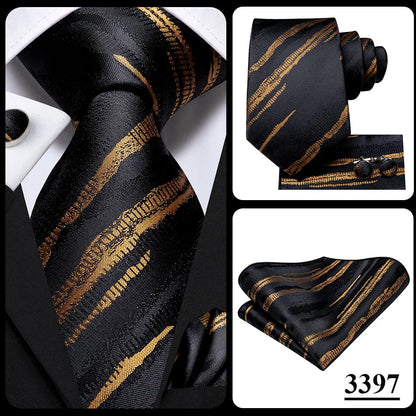 3 Piece Black Floral Silk Wedding Tie For Men Handky Cufflink Elegant Necktie Set For Men - The Clothing Company Sydney