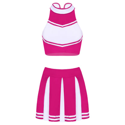Women's Cheerleading Costume Uniform Carnival Cosplay Outfit Stand Collar Sleeveless Crop Top with Mini Pleated Skirt - The Clothing Company Sydney