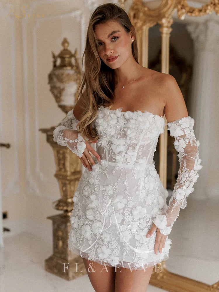 Luxury Beaded Short Lace Floral Appliques Long Sleeves Bridal Gown Mini Prom Party Dress Customized Wedding Dresses The Clothing Company Sydney