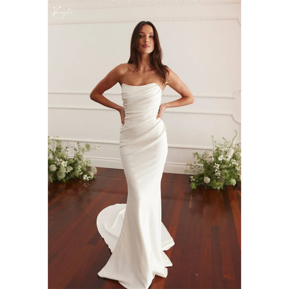White Strapless Mermaid Long Train Simple Pleated Sleeveless Button Back Customized Formal Wedding Dress The Clothing Company Sydney