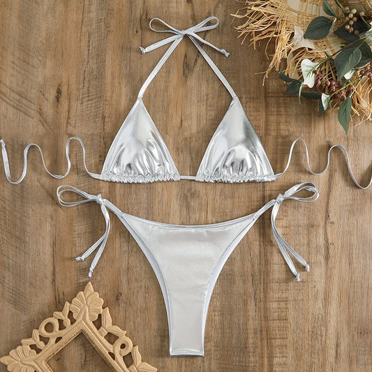 2 Piece Shiny Triangle Micro Thong Bikinis Sets Swimsuit Mini Swimwear Bathing Swiming Suits - The Clothing Company Sydney
