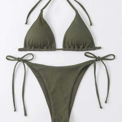 2 Piece Bathing Suit Ribbed Backless Pads Women Bikini Set Halter Triangle Bra Side Tie Thong Swimwear Set - The Clothing Company Sydney