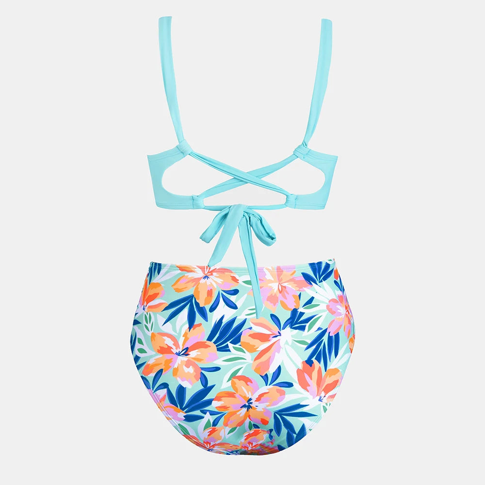 Cut Out Back Tie High Waist Bikini Sets Swimsuit Women Blue Floral Sexy Two Pieces Beachwear 2023 Bathing Suit Swimwear The Clothing Company Sydney