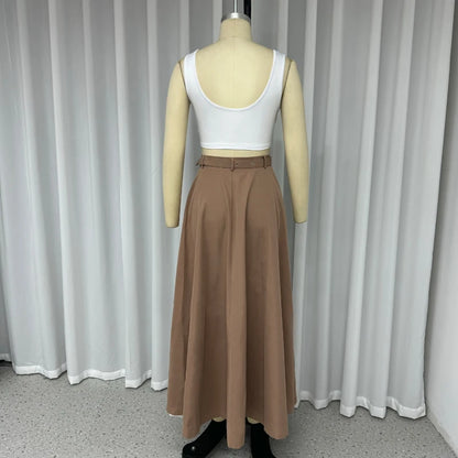 2 Piece Women's Solid Round Neck Sleeveless High Waist Vest Slim Top Loose With Pockets Zipper Long Skirt Matching Outfit Sets - The Clothing Company Sydney