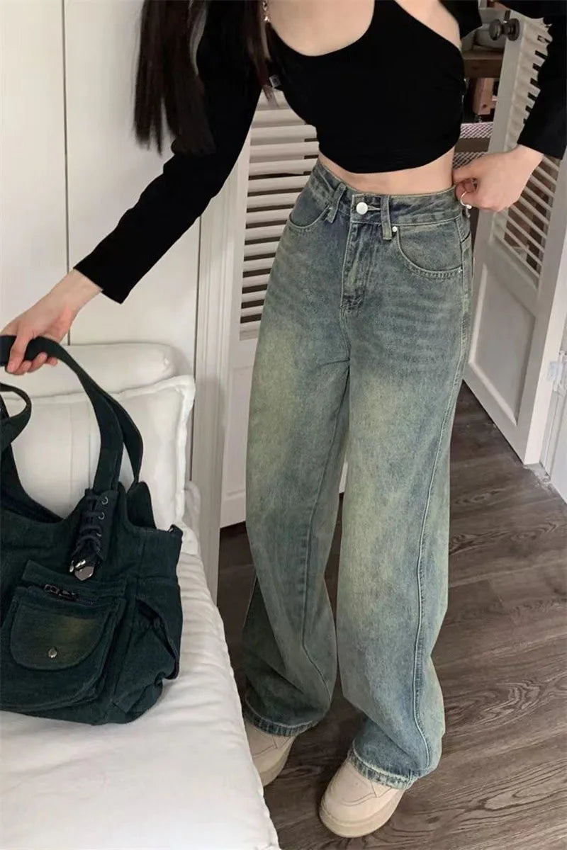 Vintage Baggy Straight Denim Trousers Y2K High Waist Loose Wide Leg Jeans Women Streetwear All-Match Casual Pants - The Clothing Company Sydney