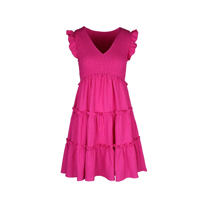 Summer Midi Dresses Casual Red Ruffle Big Hem Holiday Beach Dress Fashion Sleevelee V Neck Dresses - The Clothing Company Sydney