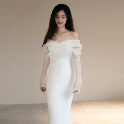 One Shoulder Satin Light Wedding Dress with Simple and Slim Fit Sweet Long Sleeved Bride Evening Gown - The Clothing Company Sydney