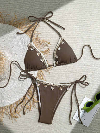 Shell Decoration Ribbed Bikini Women Swimwear Swimsuit Two-pieces Bikini Set Halter Strappy Bather Bathing Suit The Clothing Company Sydney