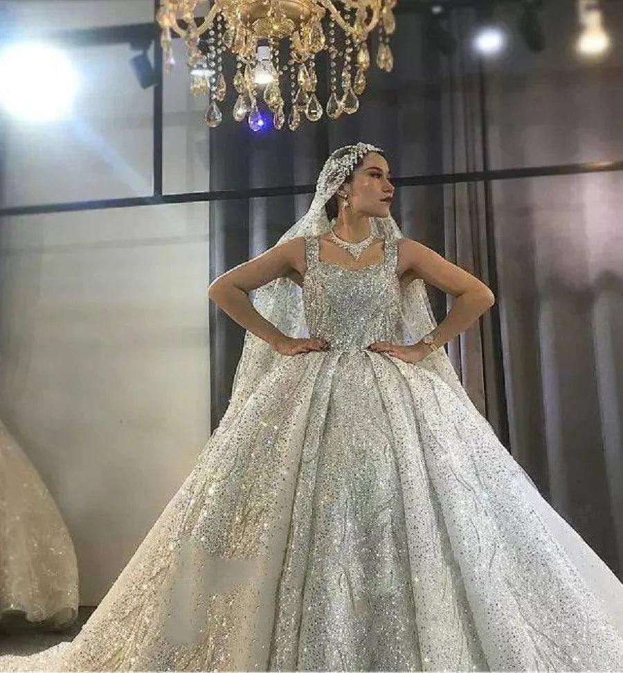 Luxurious Sparkling Sequin Wedding Dress Ball Gown Sleeveless Long Rhinestone Bridal Dress With Court Train Robes - The Clothing Company Sydney