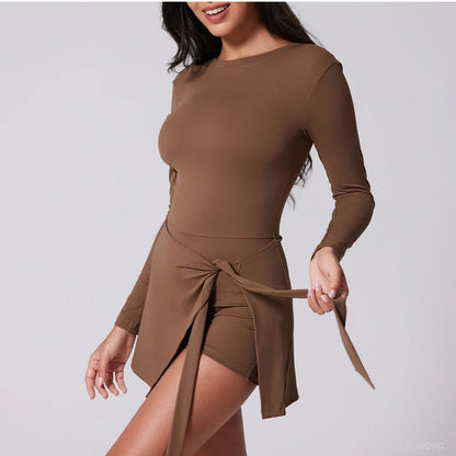 Womens High Neck Tennis Dress Long Sleeve Sarong Wrap Skirt Built in Shorts Golf Athletic Dress - The Clothing Company Sydney