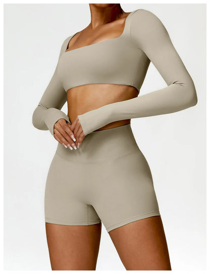 2 Piece Long Sleeve Gym Set Women Yoga Clothes Quick-Drying Sportswear Running Leggings Workout Sports Crop Top Shorts - The Clothing Company Sydney