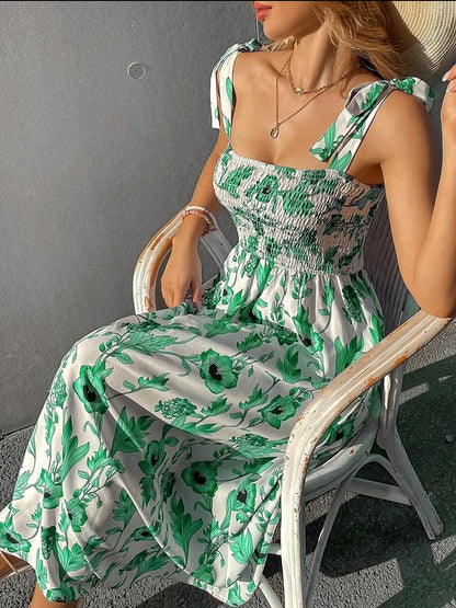 Floral Long Dress Women's Backless Sleeveless Bandage Beach Sundress Casual Green Summer Ladies Dresses - The Clothing Company Sydney