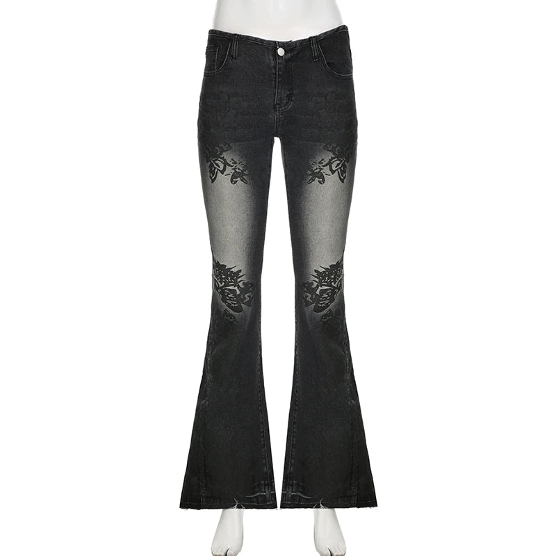Vintage Floral Skinny Flare Jeans Denim Low Rise Y2K Chic Women's Trousers Distressed Gothic Pants The Clothing Company Sydney