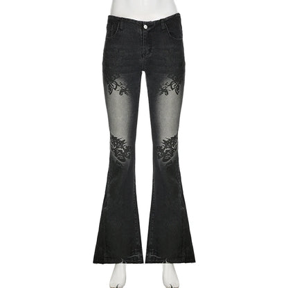 Vintage Floral Skinny Flare Jeans Denim Low Rise Y2K Chic Women's Trousers Distressed Gothic Pants The Clothing Company Sydney