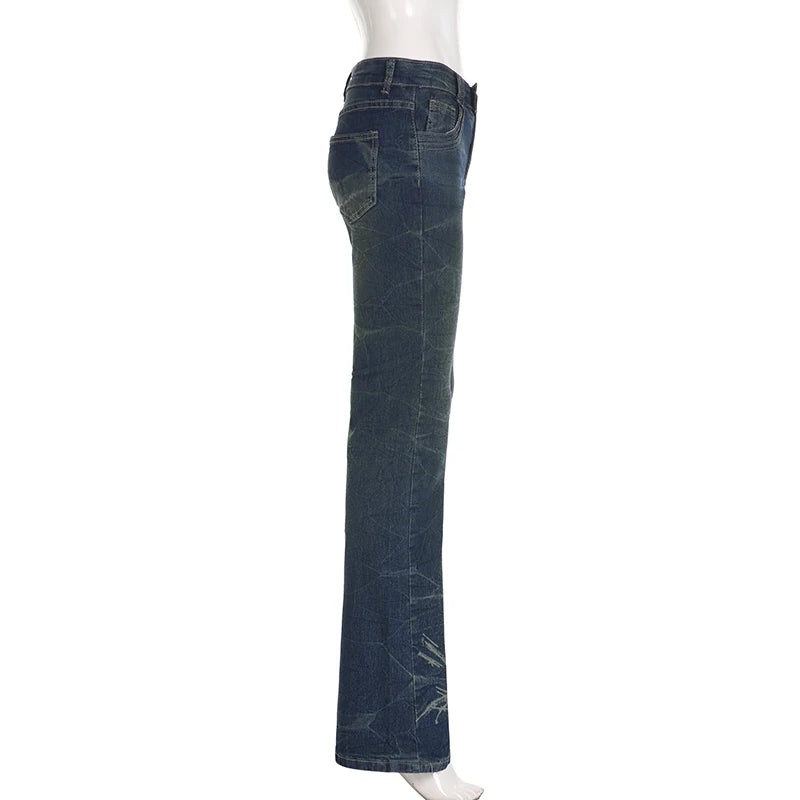 Y2K Grunge Chic Skinny Low Rise Flared Jeans Women's Vintage Aesthetic Heart Printed Denim Trousers Boot Cut Pants The Clothing Company Sydney