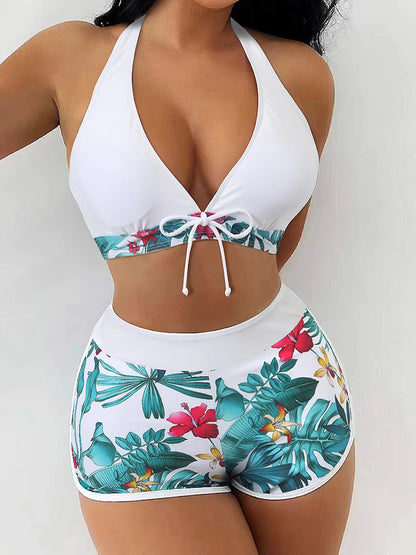 2 Piece Halter Bikini Set Shorts Swimsuit High Waist Swimwear Female Printed Bathers Swimming Bathing Swim Suit Beachwear - The Clothing Company Sydney